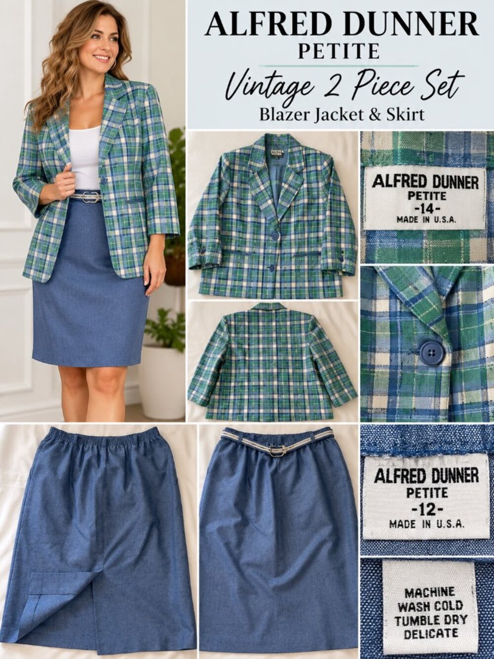 Vintage Alfred Dunner Petite 2 Piece Plaid Blazer & Blue Skirt Set USA 12/14